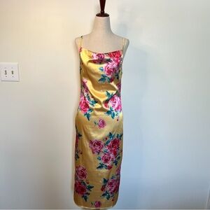 Yellow & Pink Floral Silky Satin cowl neck Midi Dress